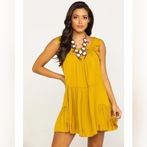 Free People Want Your Love Absinthe in Gold Yellow Mini Ruffle Tie Back Dress - Picture 1 of 10